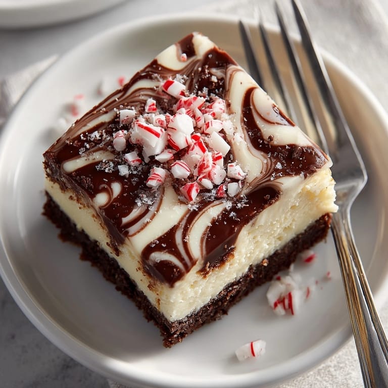 Homemade Peppermint Bark Cheesecake Bars, showcasing a festive swirl and bright crushed candy topping.