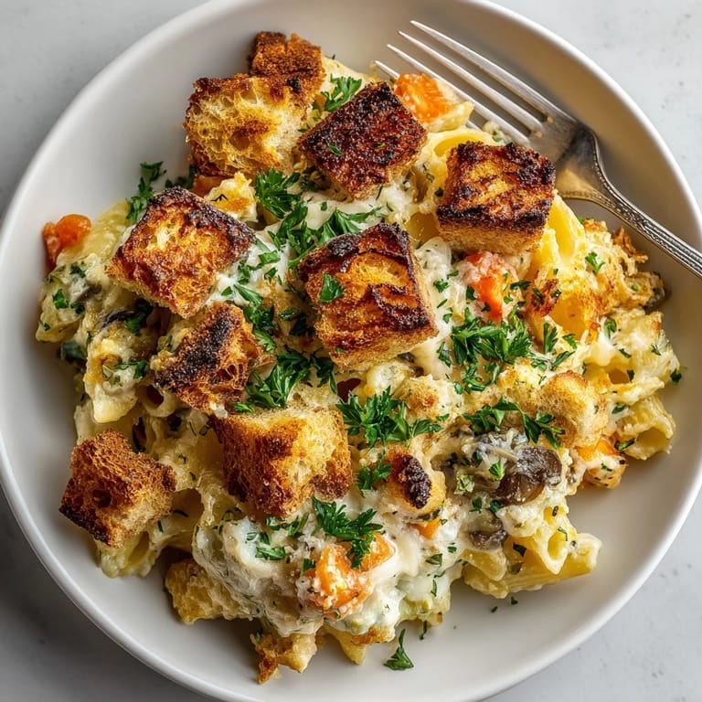 This creamy Thanksgiving Stuffing-Inspired Pasta Bake is topped with crispy, golden-brown breadcrumbs.