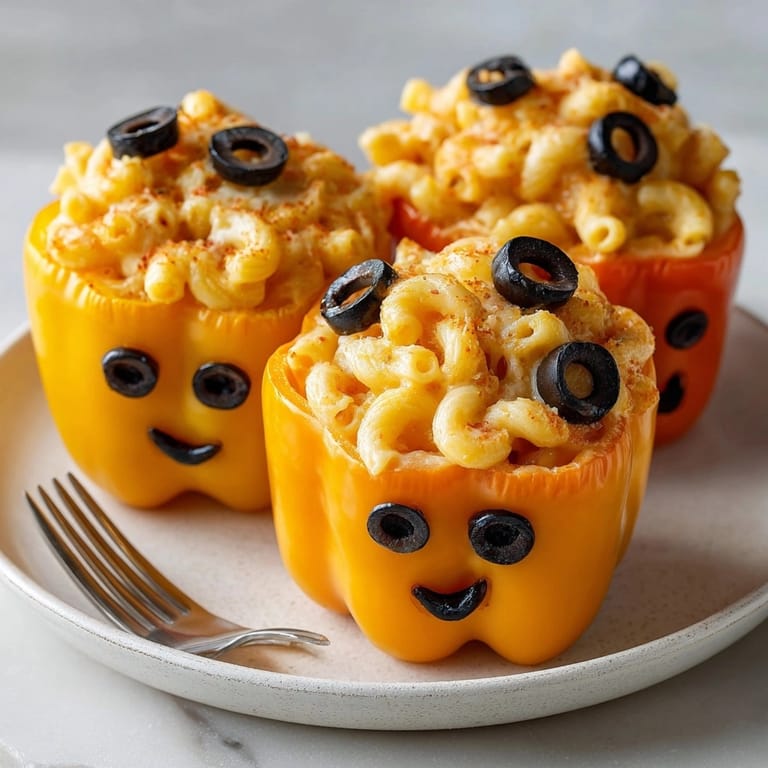 Creamy Halloween Orange Mac and Cheese Bowls feature sharp cheddar and mozzarella, baked in orange peppers.