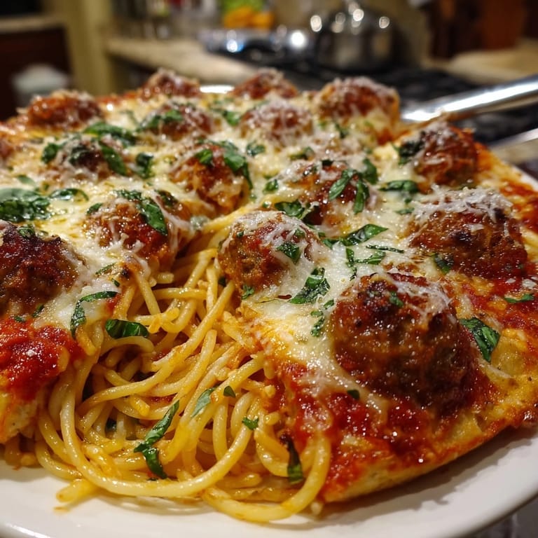 Golden-crusted Spaghetti and Meatball Pizza, a hearty main dish perfect for a family dinner.