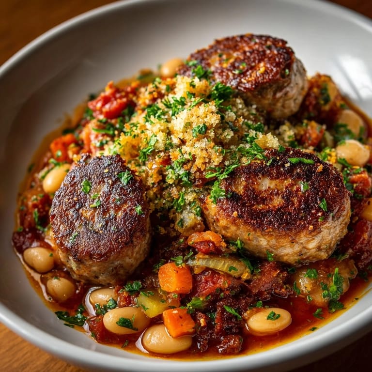 A close-up of the Sausage and Bean Cassoulet, highlighting the tender sausage and creamy beans, perfect for a chilly day.