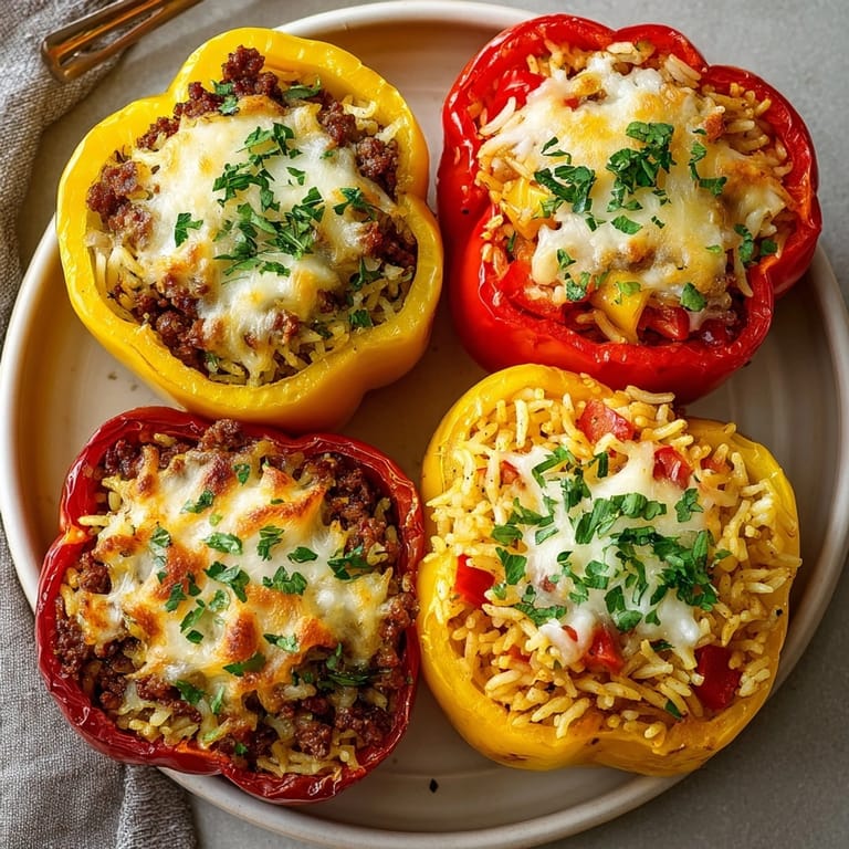 Close-up showing steaming Beef and Rice Stuffed Peppers, loaded with a hearty, flavorful filling.