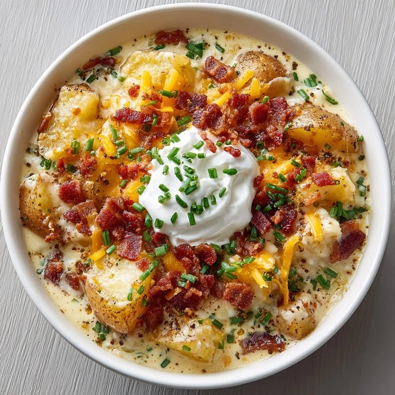 Imagine a richly textured Loaded Baked Potato Chowder, garnished with fresh chives and extra cheddar cheese for a delightful meal.