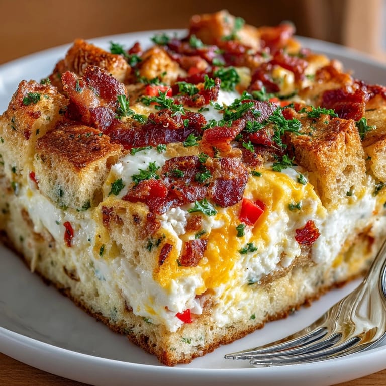A close-up view of a warm, cheesy Bacon Egg and Cheese Breakfast Casserole, ready to be served.