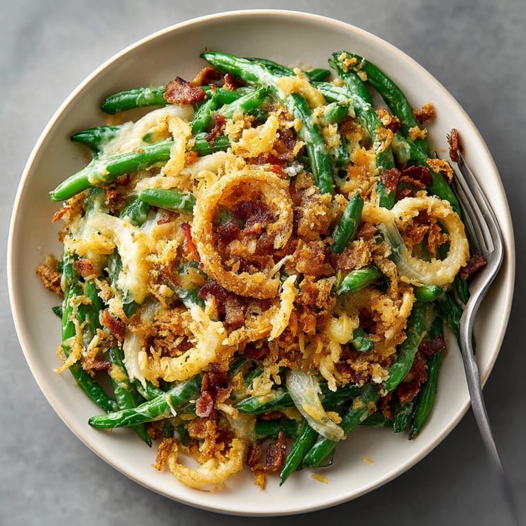 This image shows baked Cheddar Bacon Green Bean Casserole, topped with crispy bacon and cheese.