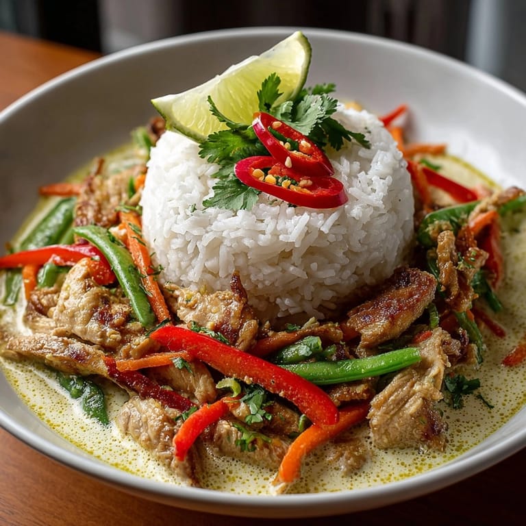 Hearty Thai Curry Chicken Rice Bowl with colorful vegetables and creamy coconut sauce drizzle.