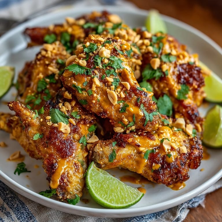 Baked peanut butter Sriracha chicken wings served hot with chopped peanuts and lime wedges for game day.