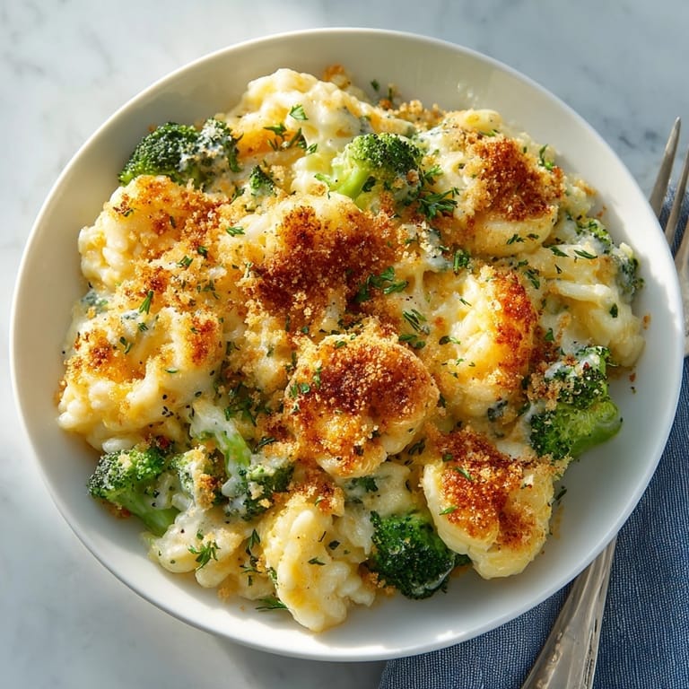 Close-up of creamy Cheesy Broccoli Rice Casserole served hot with crisp breadcrumb topping.