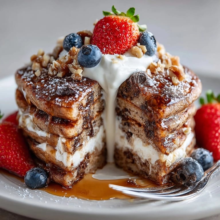 Chocolate hazelnut protein pancakes served warm with maple syrup drizzling over fluffy, rich slices