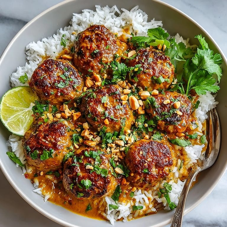 Plate of Thai Peanut Chicken Meatballs glistening in spicy peanut sauce, ready for appetizers or dinner.