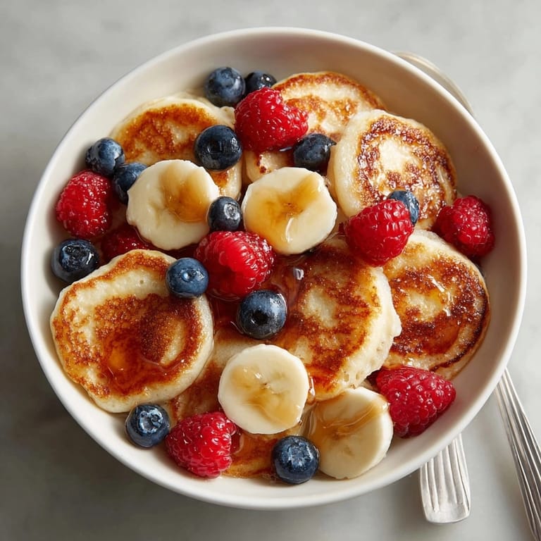 Golden mini pancake cereal with strawberries and bananas, ready for a fun breakfast treat.