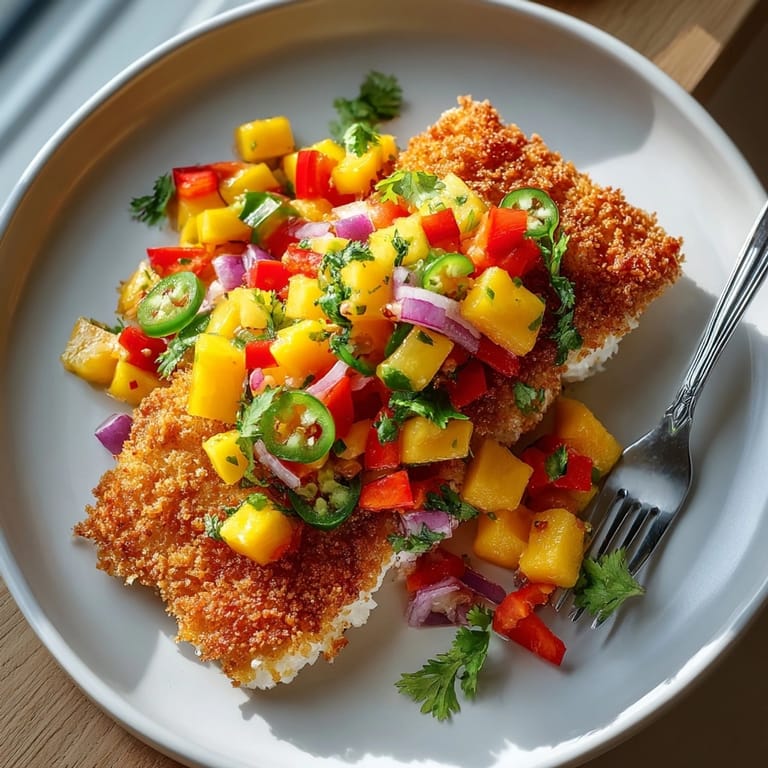 Close-up of coconut crusted fish with juicy mango salsa, perfect for summer entertaining.