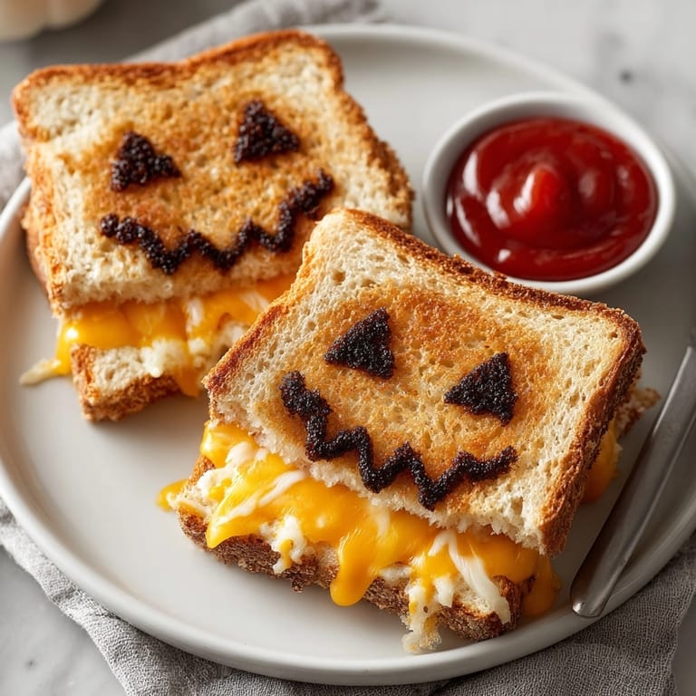 Crispy Jack-o&apos;-Lantern Grilled Cheese Sandwiches, a Halloween treat oozing warm, tangy deliciousness.