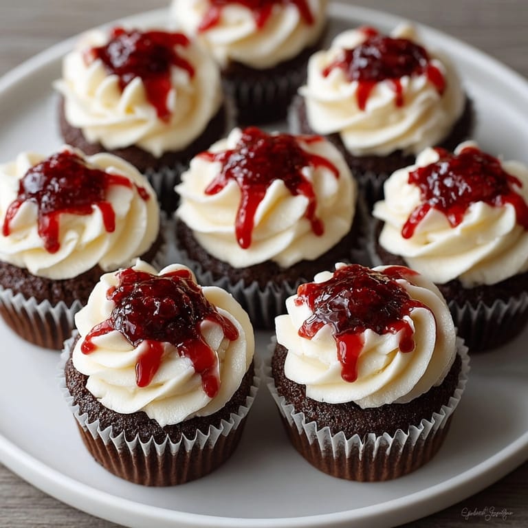 Spooky Bloody Vampire Bite Cupcakes: Moist, dark chocolate with creamy, sweet frosting.
