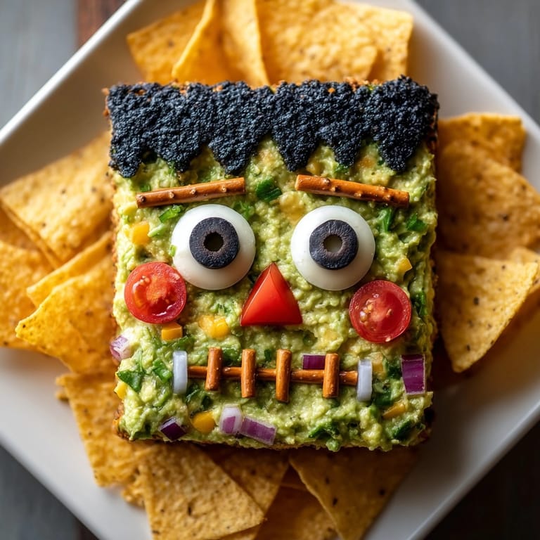 Homemade Frankenstein Guacamole with crisp tortilla chips, tastes fresh and looks monster fun.