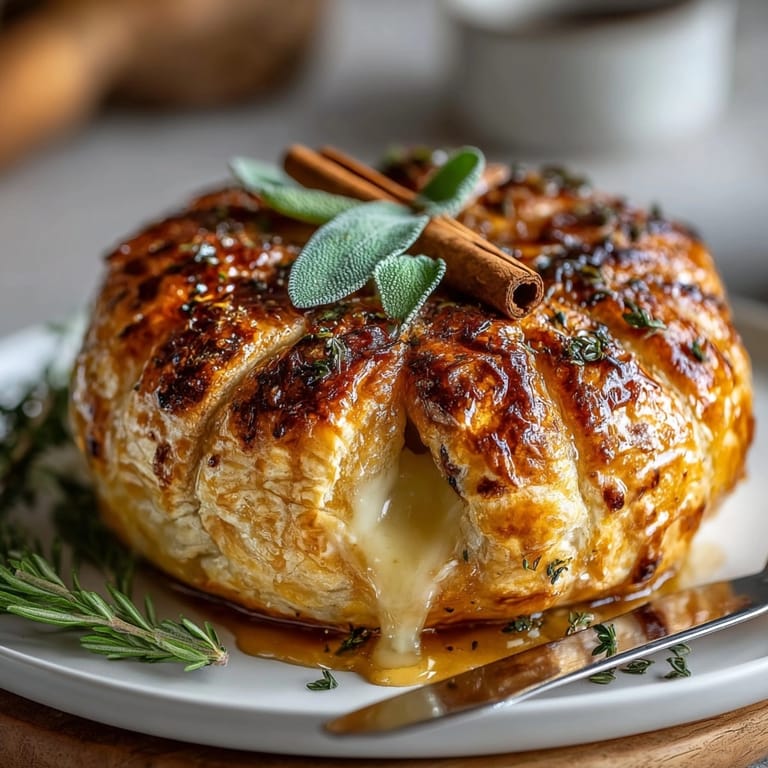 Homemade Pumpkin-Shaped Baked Brie in Puff Pastry, topped with cinnamon stick stem.