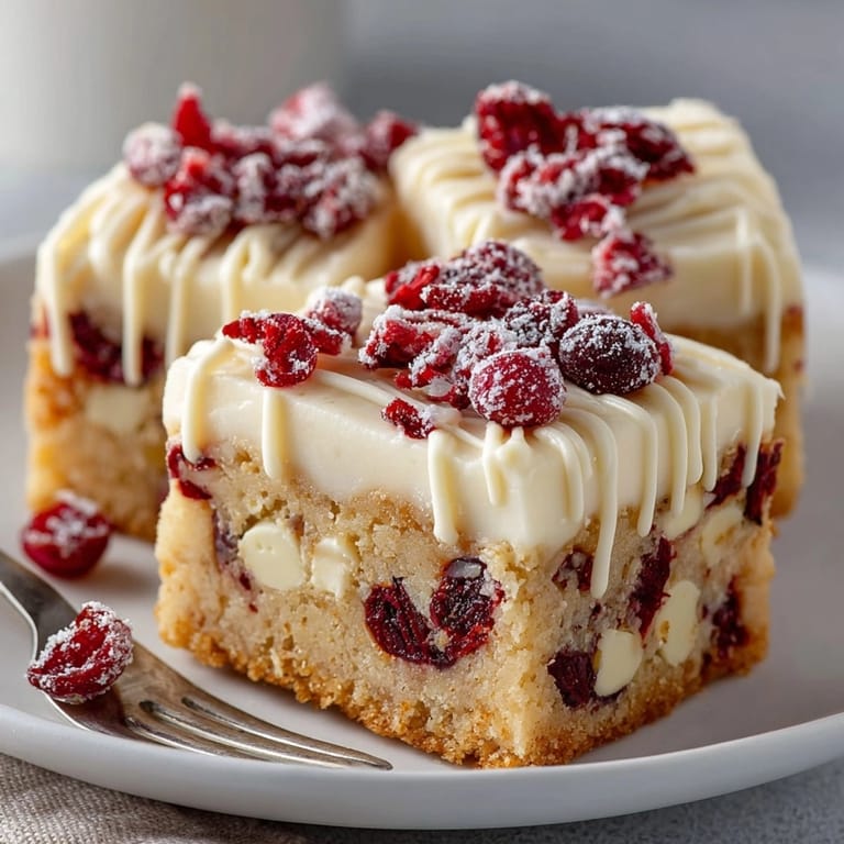Close-up of frosted Cranberry Bliss Bars, revealing layers of moist blondie and tangy sweetness.
