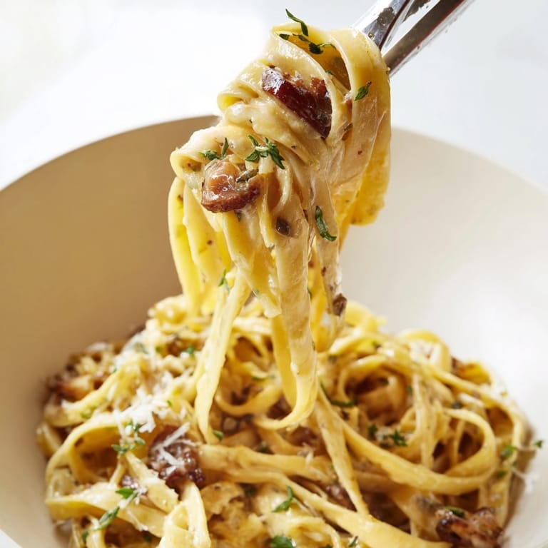 Close-up shot of rich, cheesy One-Pot French Onion Pasta garnished with fresh parsley.