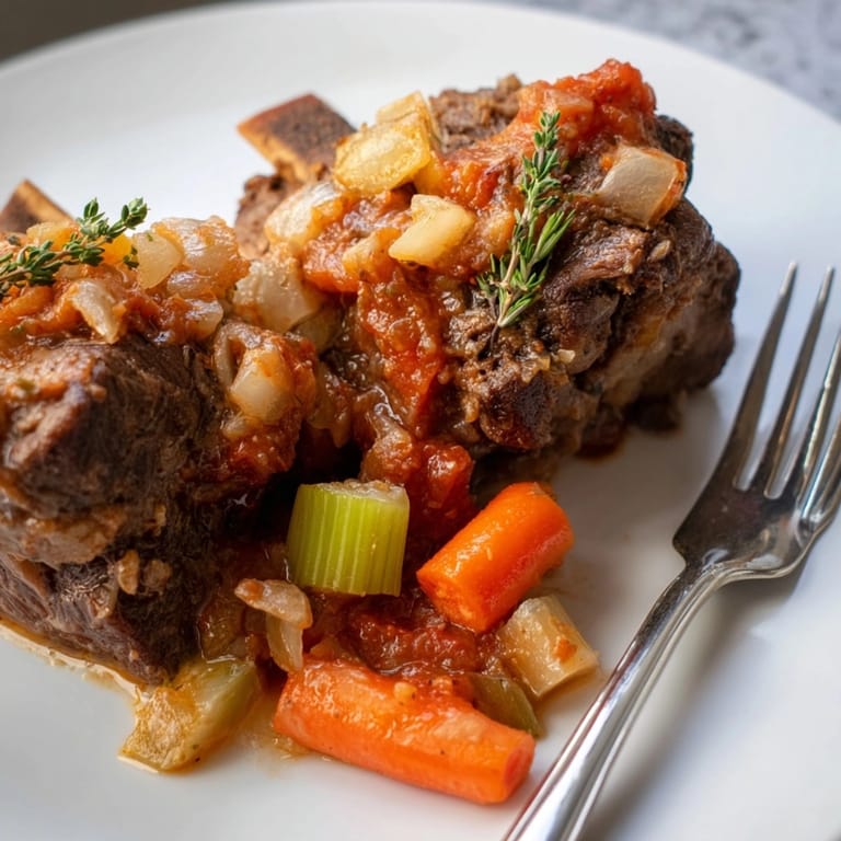 Oven-braised Cider Braised Short Ribs with carrots and celery, perfect for a comforting meal.