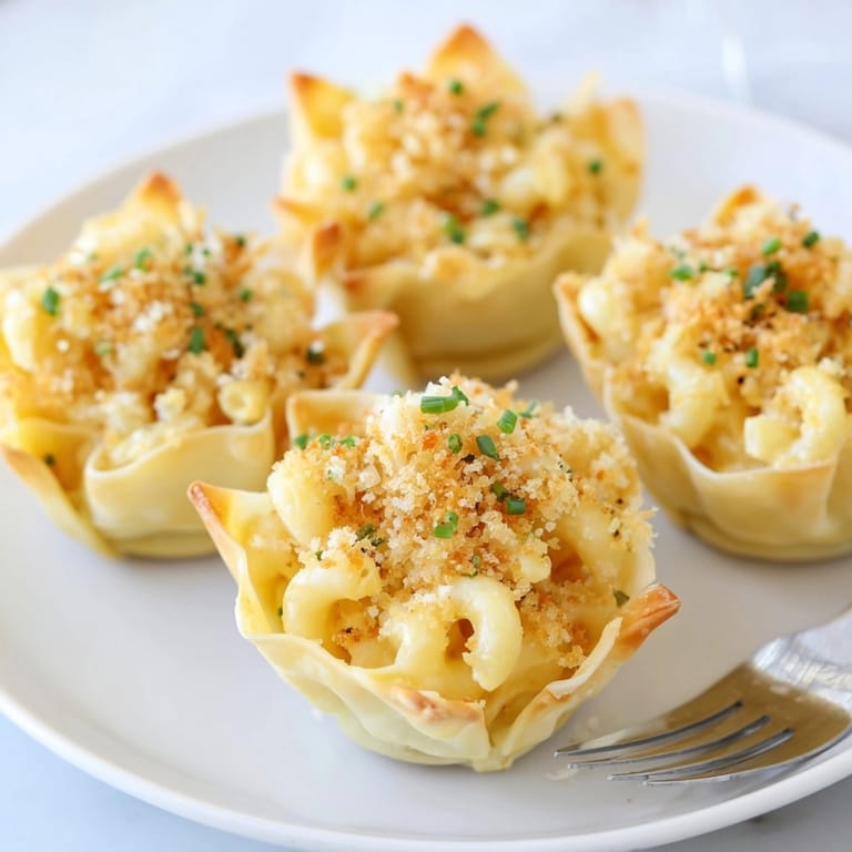 Individual Mac and Cheese Crispy Wonton Cups served warm, a satisfying cheesy treat.
