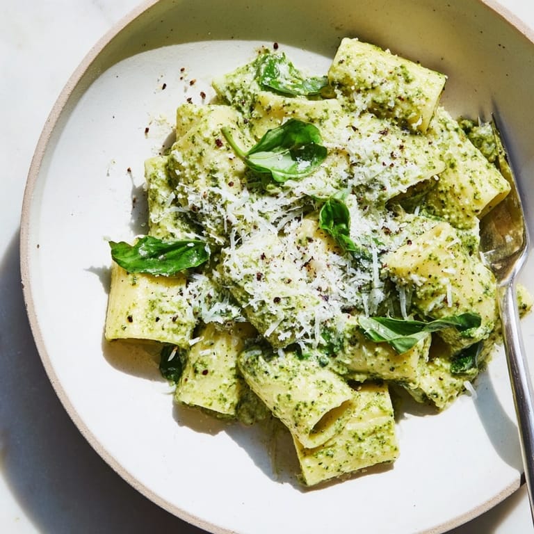 Homemade Ricotta Spinach Pesto Pasta is tossed in creamy sauce, garnished with basil.
