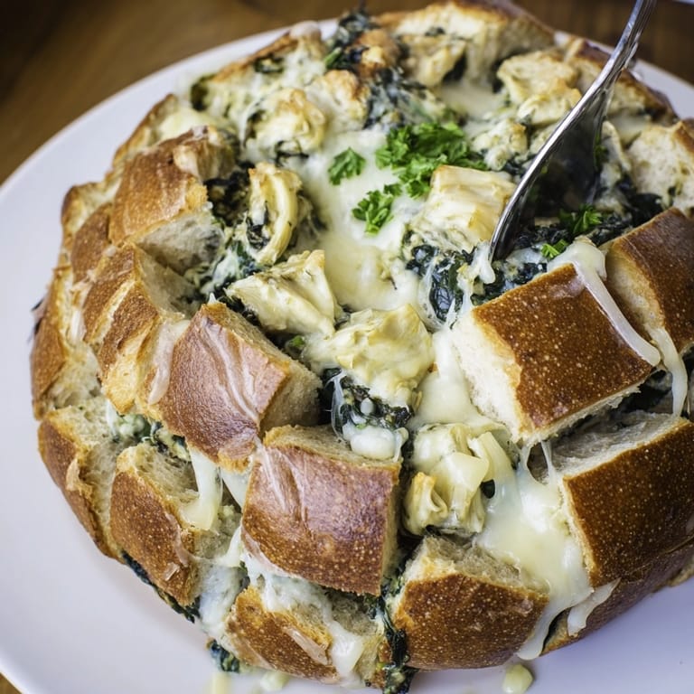 Hot Alfredo Spinach Artichoke Bread, stuffed with creamy filling, baked to bubbly perfection.