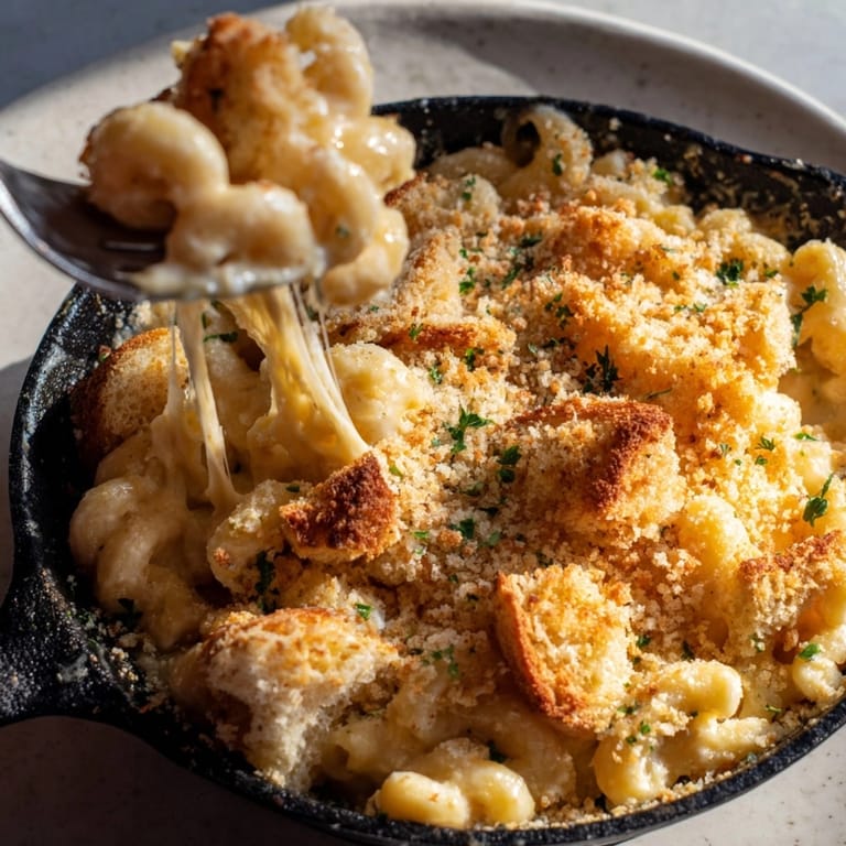 Oven-baked Mac and Cheese Sourdough Skillet, ready for a hearty, comforting family meal.