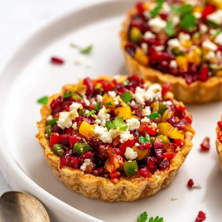 Colorful tartlet shells filled with sweet-tart cranberry jalapeño mixture for zesty flavor.  