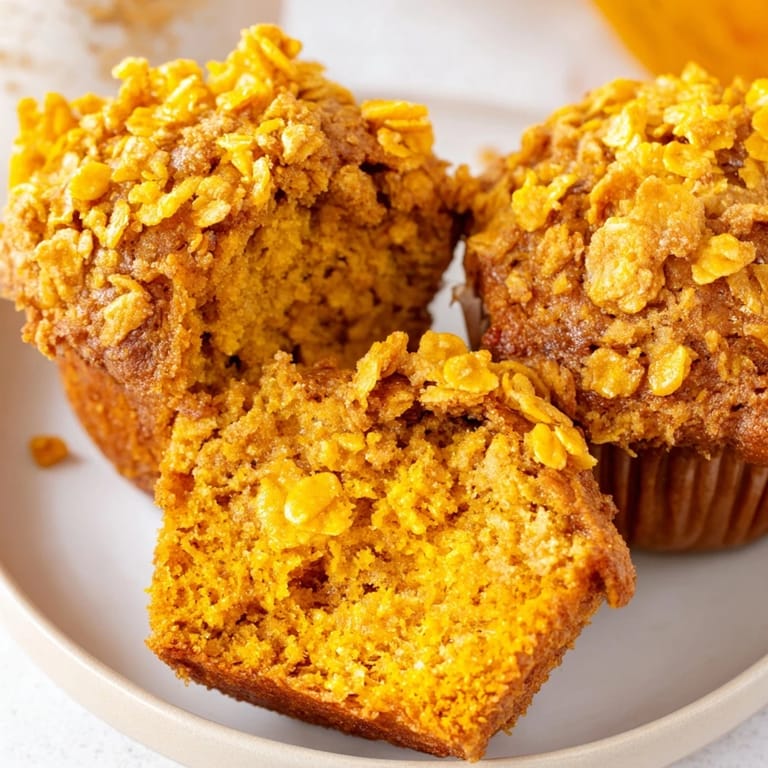Warm, moist pumpkin muffins paired with crispy cornflakes, perfect for breakfast.  