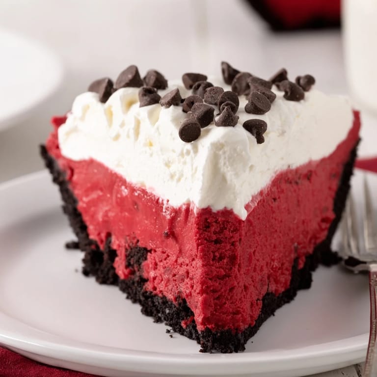 Indulge in this vibrant Red Velvet Cookie Dough Pie, perfect for dessert lovers.  