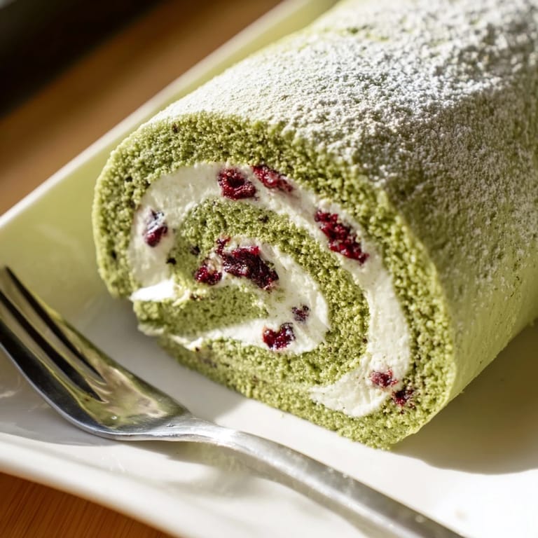 Elegant matcha Swiss roll dessert showcasing vibrant cranberry cream, ideal for festive gatherings.