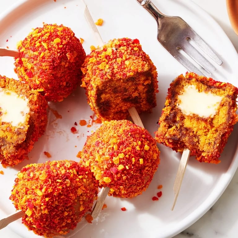Deliciously spiced pumpkin muffin pops coated in Flamin Hot crunch, ideal for a party treat.  