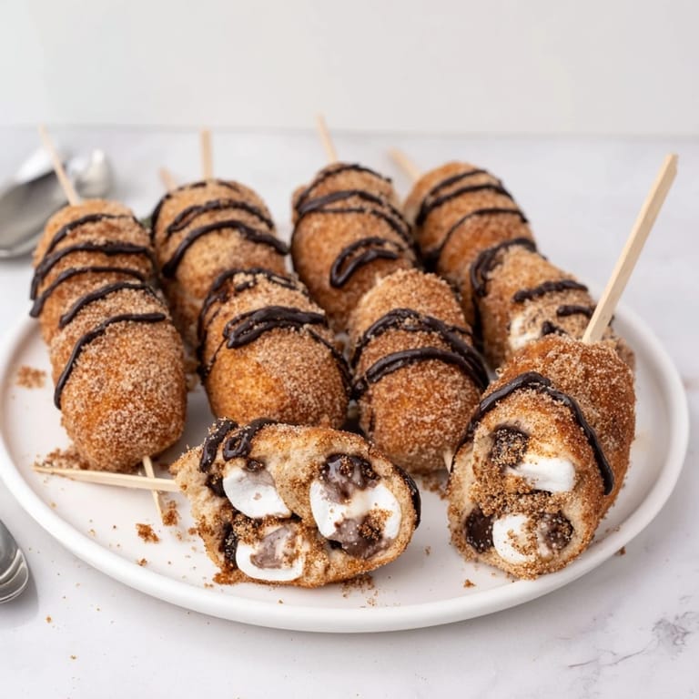 Deliciously warm Smores Churro Cake Pancake Pops drizzled with chocolate and graham crumbs.