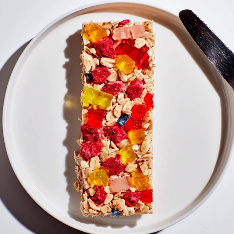 Playful DIY snack bars combining oat base, fruity gummies, and sweet freeze-dried treats.
