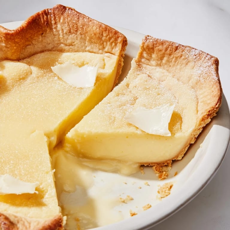 Slice of water pie showcasing a delicate custard texture with a sugary topping.