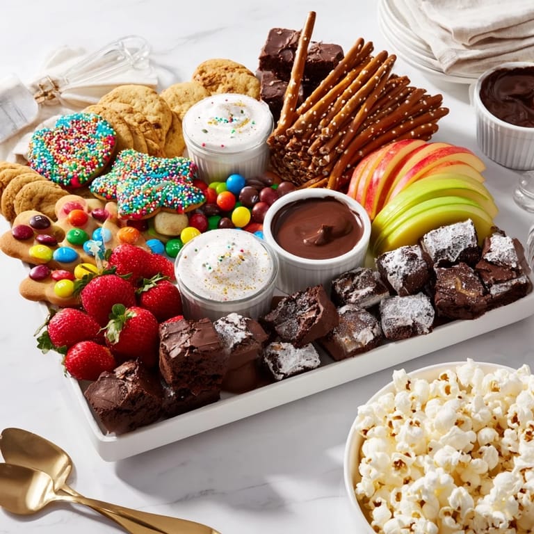 Vibrant dessert board showcasing assorted candies and snacks, perfect for holiday fun.