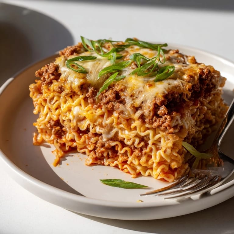 Comforting Spicy Ramen Lasagna with layers of noodles, zesty tomato, and rich ricotta cheese.