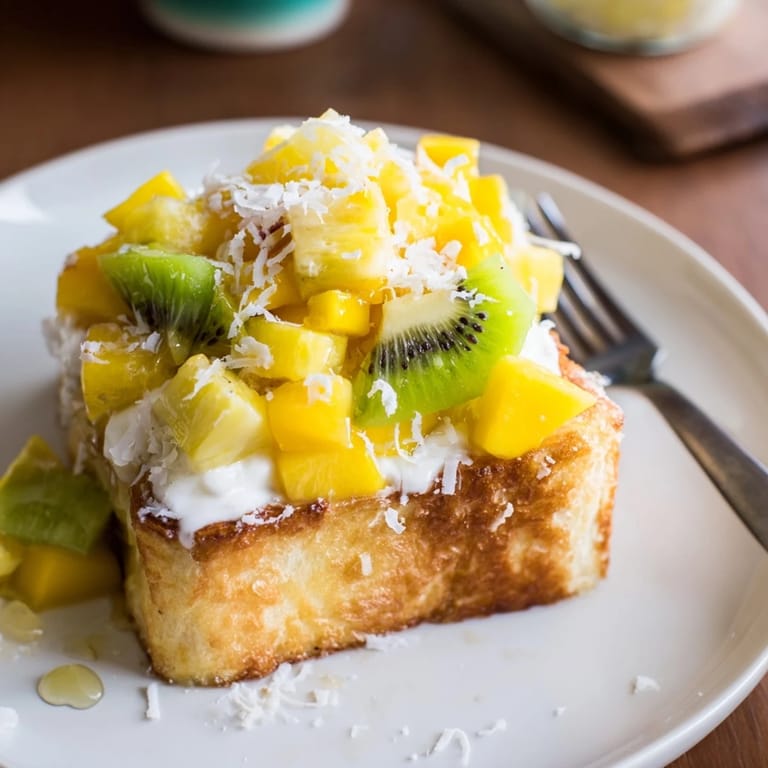 Deliciously baked Yogurt-Custard Toast 2.0 with mango, kiwi, and pineapple.  