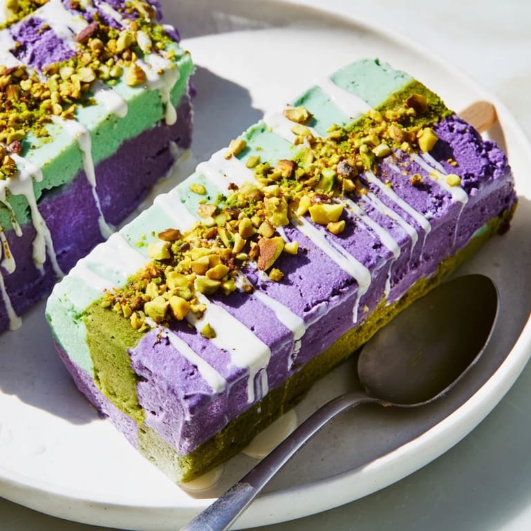Refreshing ube & pistachio ice cream bars served on a warm day, utterly indulgent.
