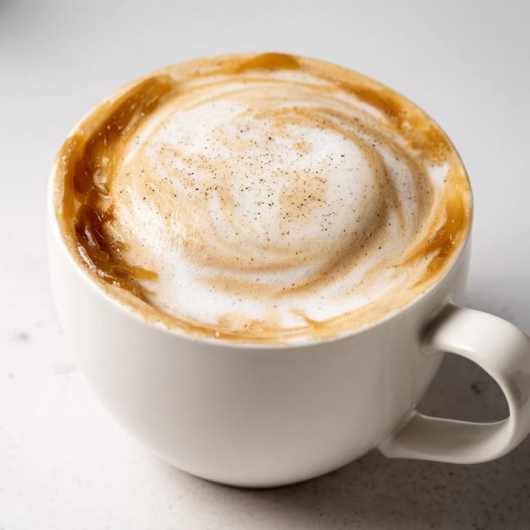 Indulge in this smooth Onion Latte, garnished with pepper for an extra kick.