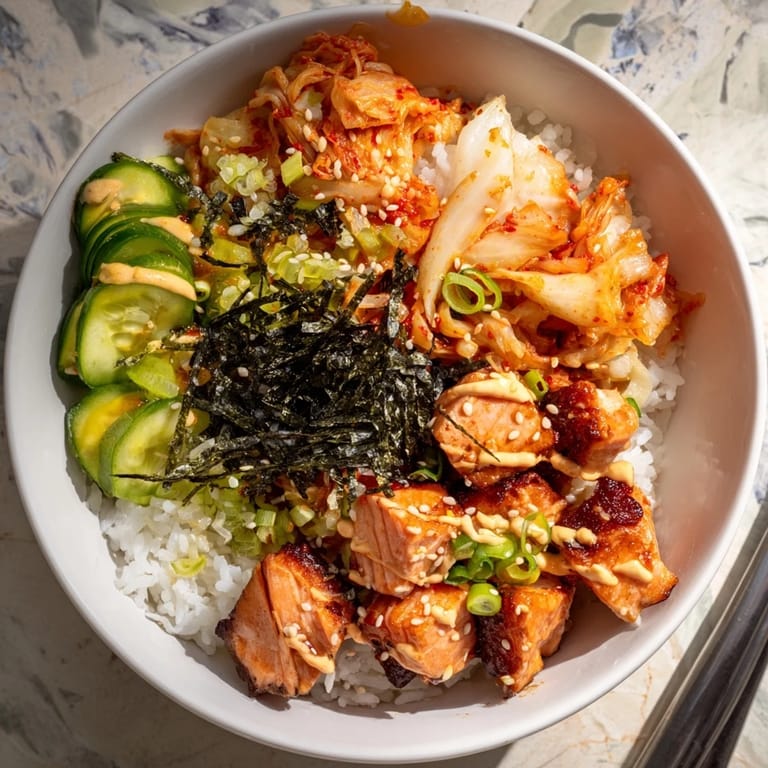 Perfectly cooked crispy salmon layered over fluffy rice with vibrant kimchi and avocado.  