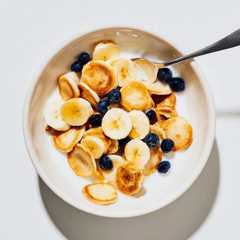 Warm mini pancake cereal in a bowl, perfect with milk and fresh fruit toppings.