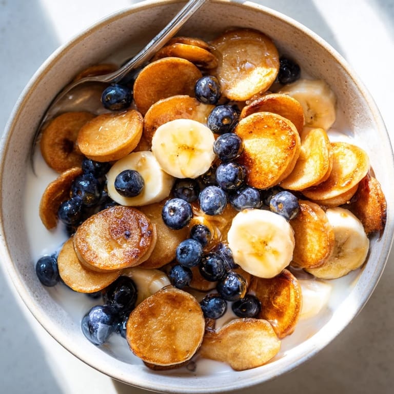 Crispy edges on adorable mini pancake cereal served with honey and sliced bananas.  