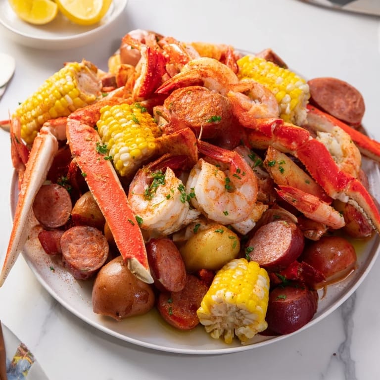 A vibrant seafood boil featuring crab legs, shrimp, and spicy sausage on a platter.  