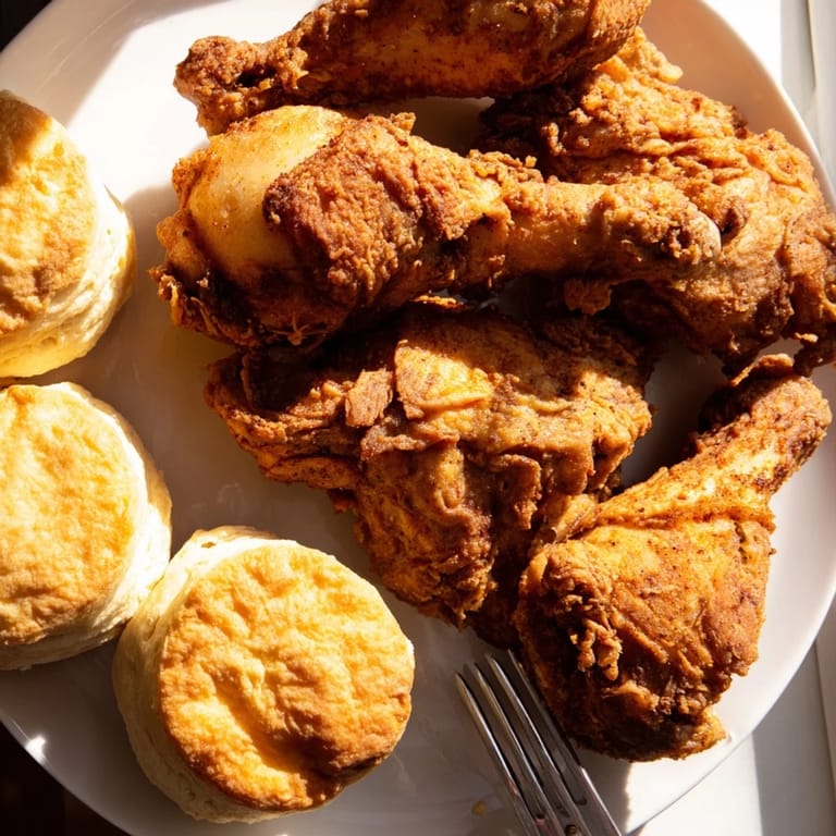 Juicy Southern Fried Chicken served with warm, flaky buttermilk biscuits for ultimate satisfaction.