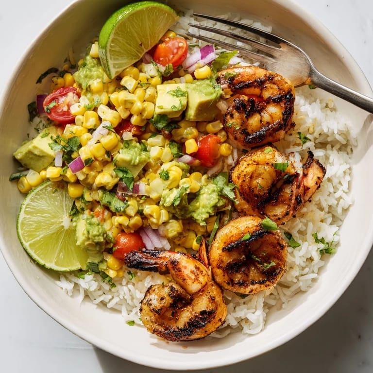 Colorful Easy Grilled Shrimp Bowl served over fluffy rice with zesty avocado salsa.  