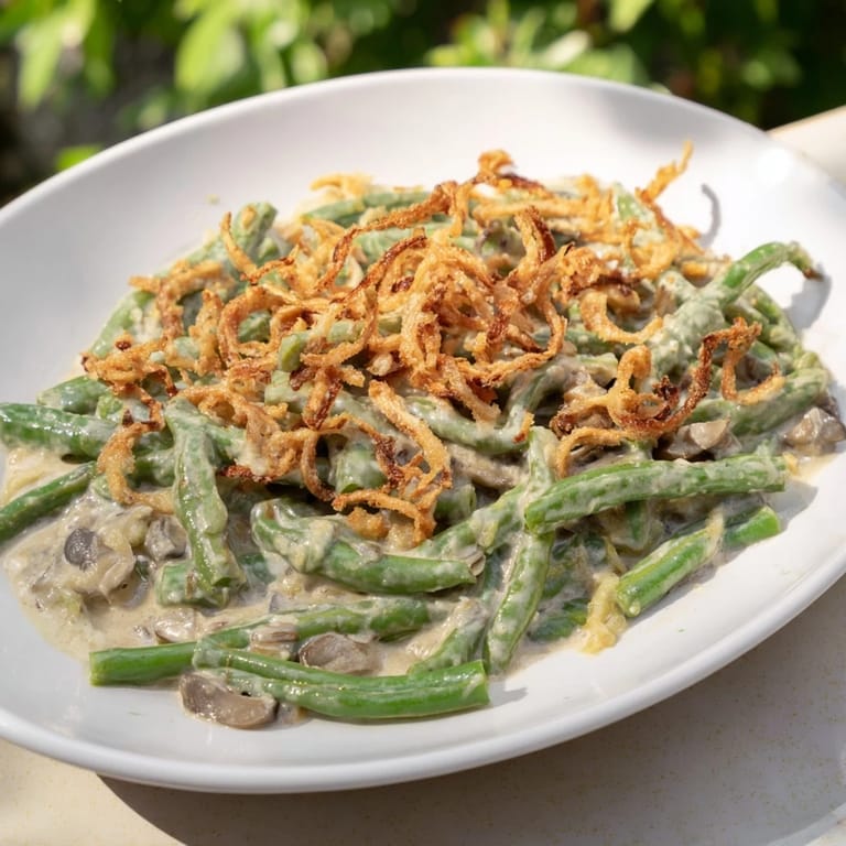 A comforting, bubbling Old-School Green Bean Casserole, a classic American side dish ready to serve.
