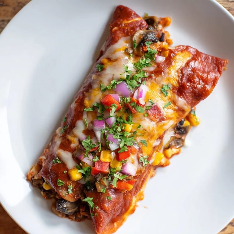 Warm, colorful Farmers Market Vegetarian Enchiladas, overflowing with fresh vegetables and topped with cilantro.