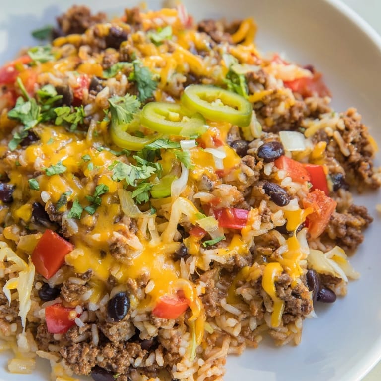 A flavorful photograph of a baked Tex-Mex Beef & Rice Casserole with a browned, bubbly cheese topping.