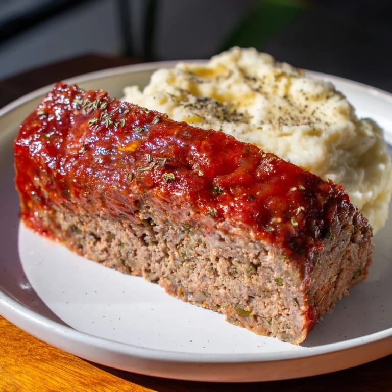 Delicious homemade classic meatloaf, rich in flavor, beside fluffy, comforting mashed potatoes.